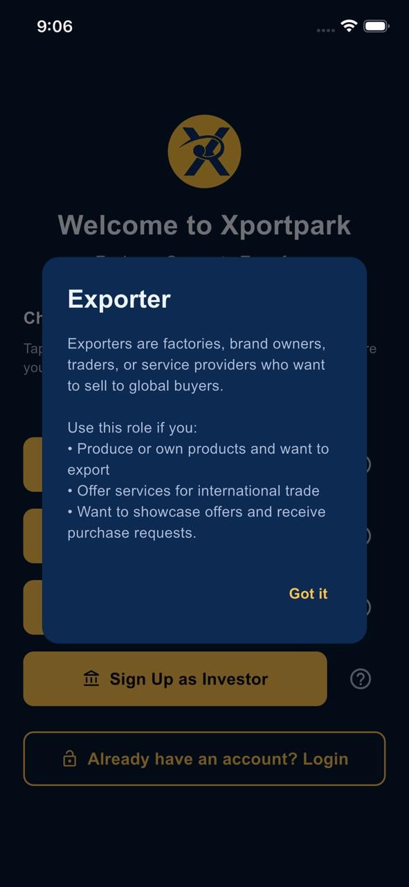 Xportpark App — Exporter Signup